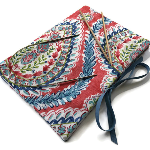 Circular Needle Case OR Combo DPN and  Circular Storage  Paisley Print Blue Coral