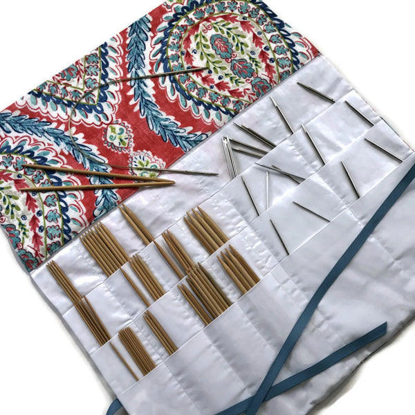 Circular Needle Case OR Combo DPN and  Circular Storage  Paisley Print Blue Coral