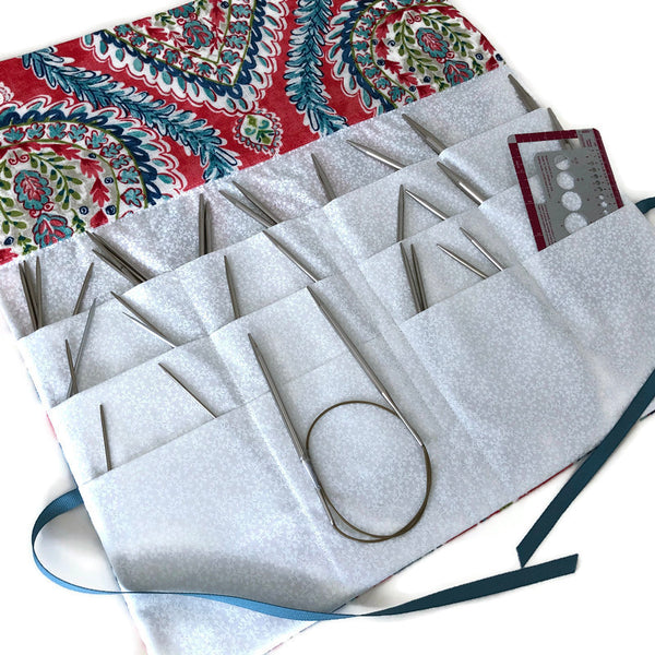 Circular Needle Case OR Combo DPN and  Circular Storage  Paisley Print Blue Coral