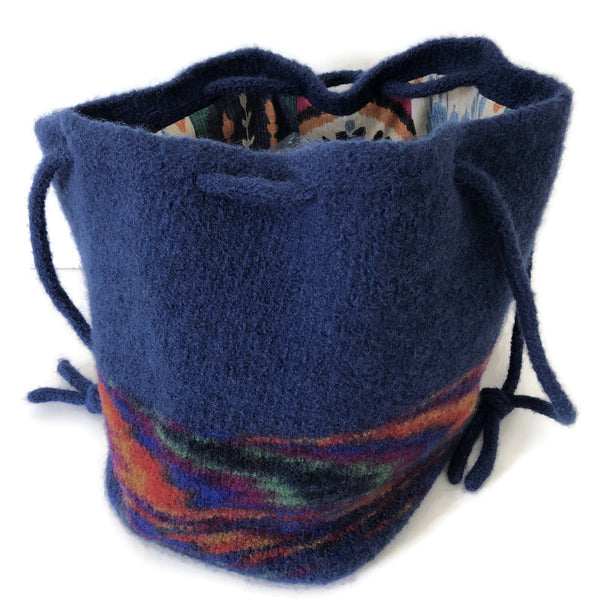 Felted Knitting Tote Bag in Blue Wool and Mohair