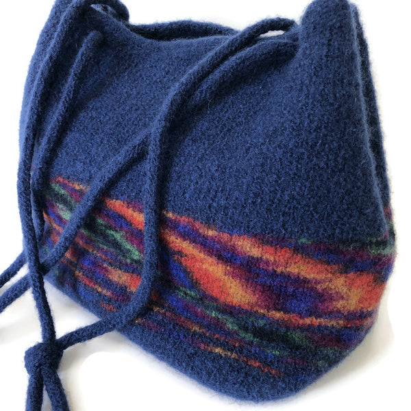 Felted Knitting Tote Bag in Blue Wool and Mohair