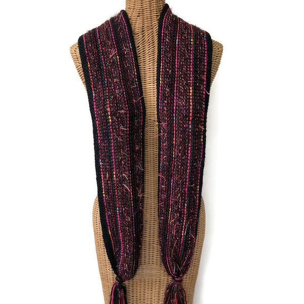 Hand Knit Scarf Black and Fuchsia