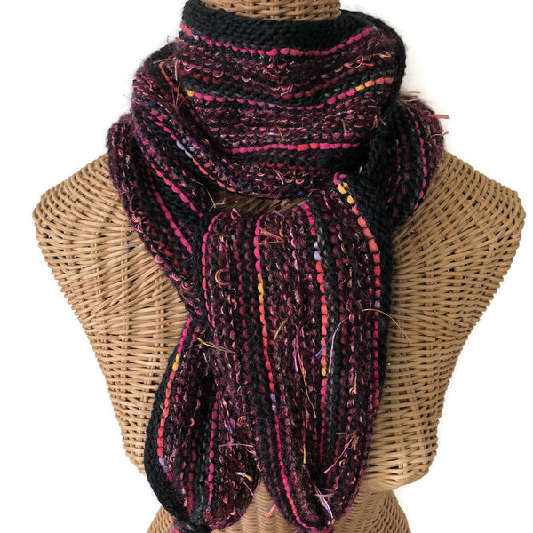 Hand Knit Scarf Black and Fuchsia