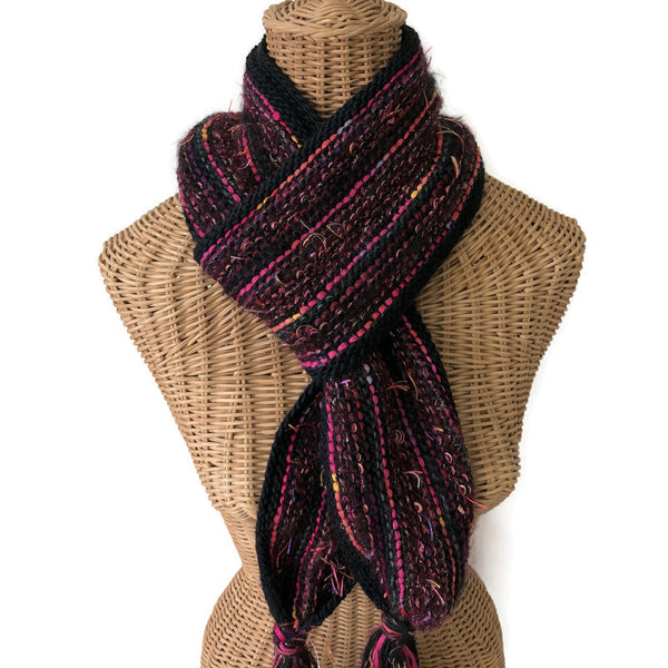 Hand Knit Scarf Black and Fuchsia