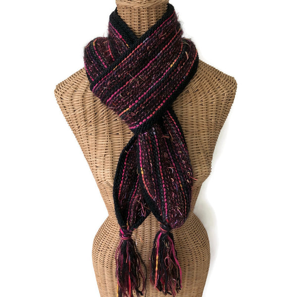 Hand Knit Scarf Black and Fuchsia