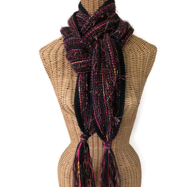 Hand Knit Scarf Black and Fuchsia