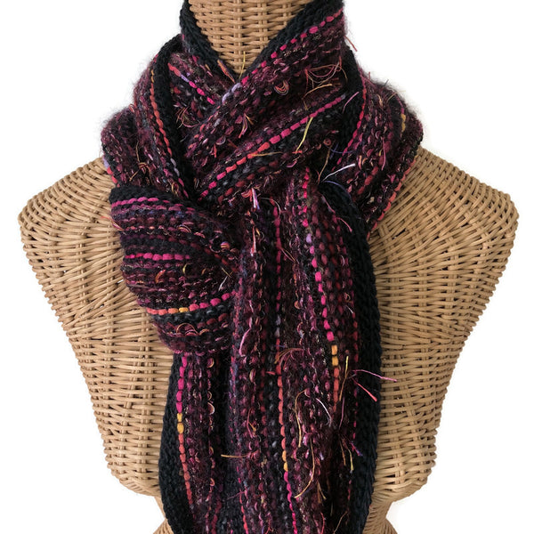 Hand Knit Scarf Black and Fuchsia