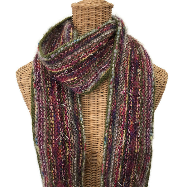 Hand Knit Olive and Mauve Scarf