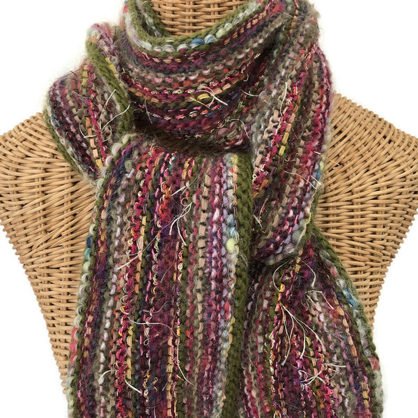 Hand Knit Olive and Mauve Scarf