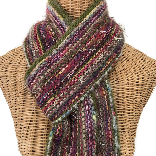 Hand Knit Olive and Mauve Scarf
