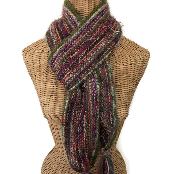 Hand Knit Olive and Mauve Scarf