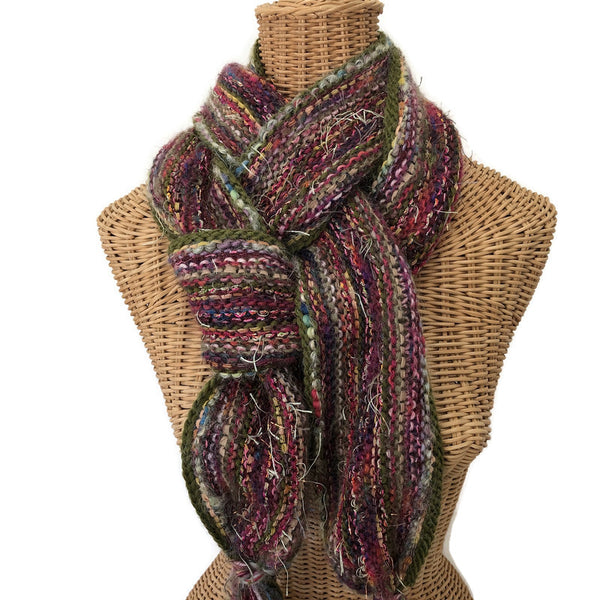 Hand Knit Olive and Mauve Scarf