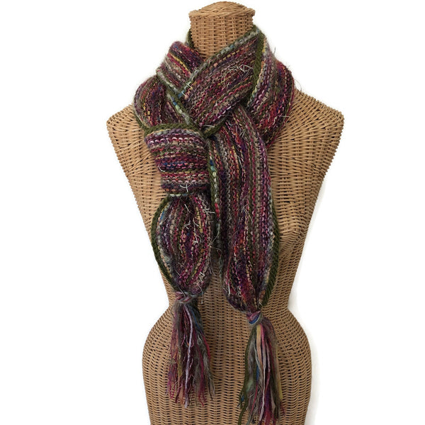 Hand Knit Olive and Mauve Scarf