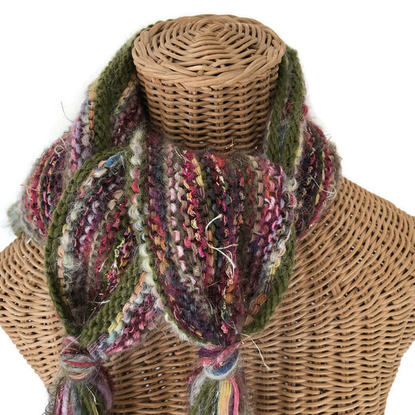 Hand Knit Olive and Mauve Scarf