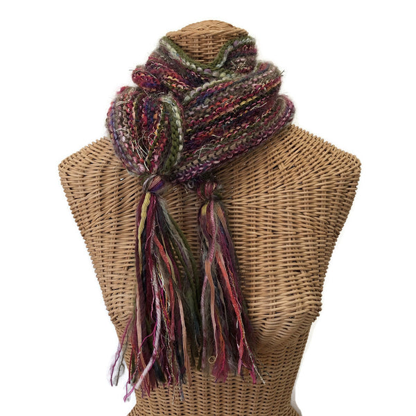 Hand Knit Olive and Mauve Scarf