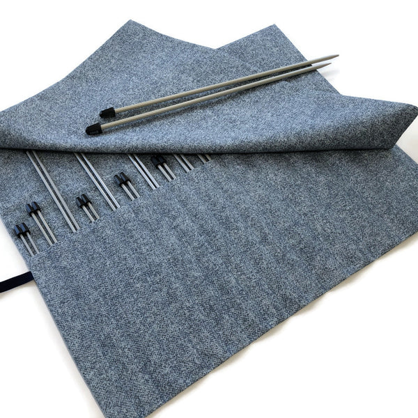 Straight Knitting Needle Roll Up Case Faux Denim Blue