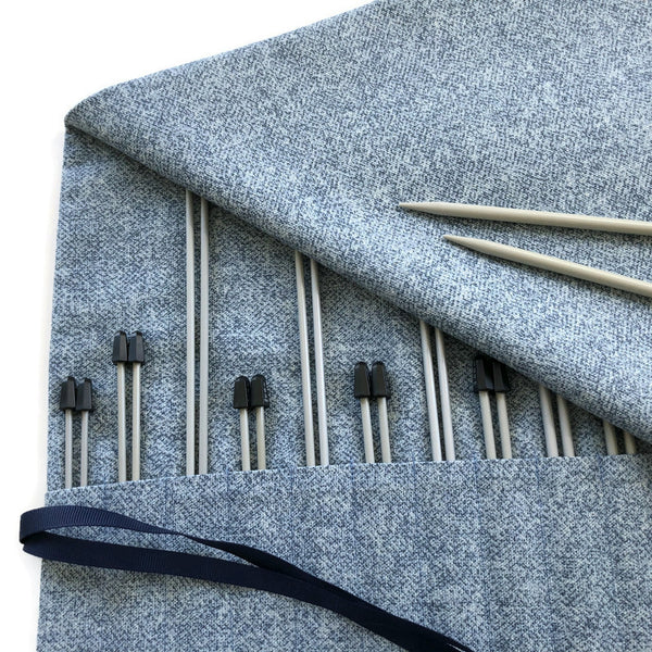 Straight Knitting Needle Roll Up Case Faux Denim Blue