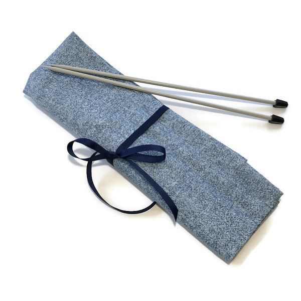 Straight Knitting Needle Roll Up Case Faux Denim Blue