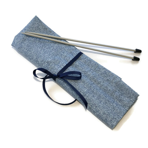 Straight Knitting Needle Roll Up Case Faux Denim Blue