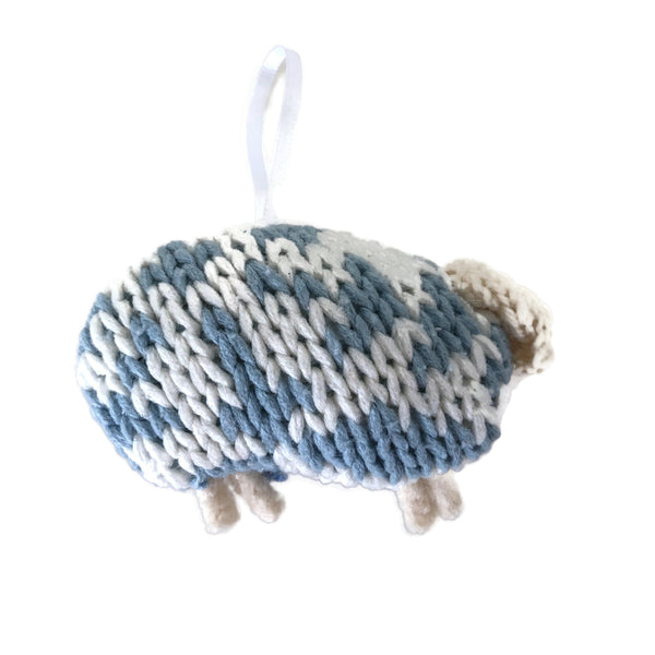 Up Cycled Blue & White Sheep Ornament Set of 2