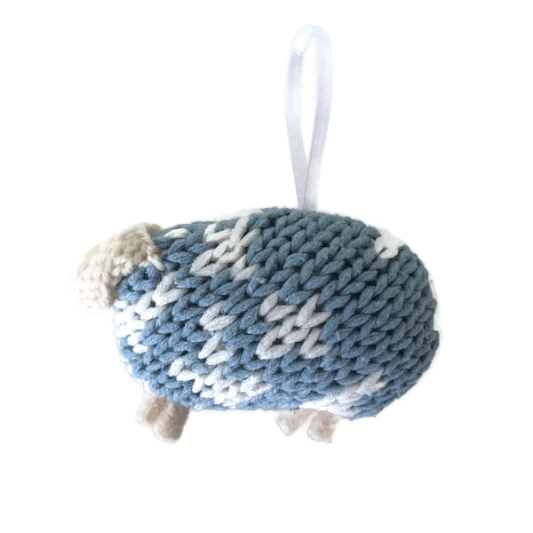 Up Cycled Blue & White Sheep Ornament Set of 2