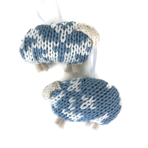 Up Cycled Blue & White Sheep Ornament Set of 2