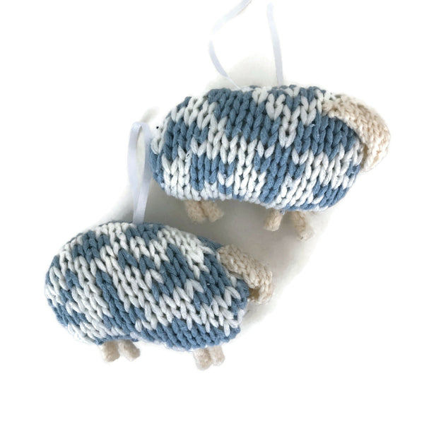 Up Cycled Blue & White Sheep Ornament Set of 2