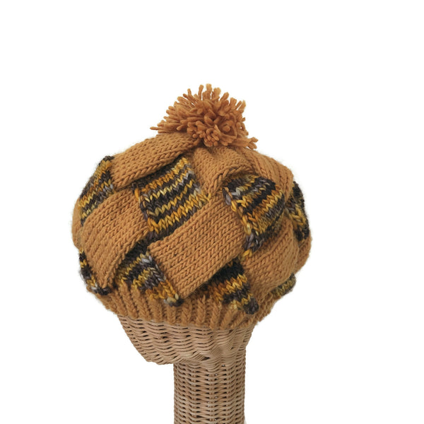 Entrelac Hat Gold and Brown Wool Mohair