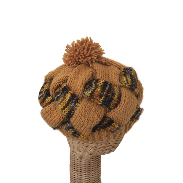 Entrelac Hat Gold and Brown Wool Mohair