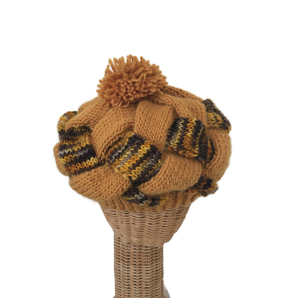 Entrelac Hat Gold and Brown Wool Mohair