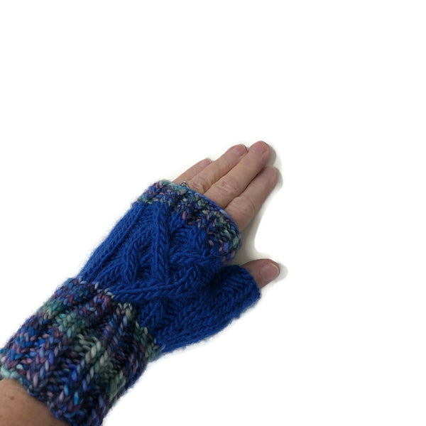 Fingerless Mitts Celtic Cable Blue