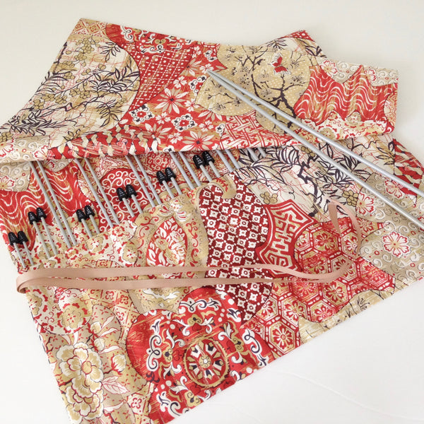 15 Pocket Straight  Needle Roll Up Red Oriental Motif