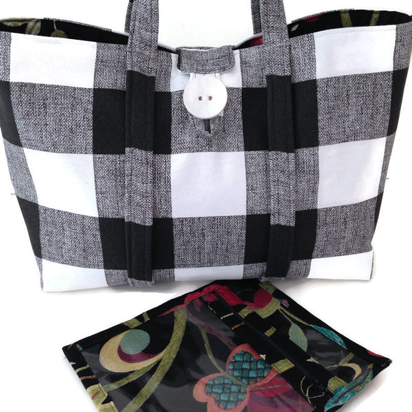 The Large Knitting Bag Black & White Buffalo Plaid