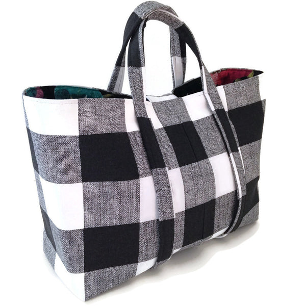 The Large Knitting Bag Black & White Buffalo Plaid