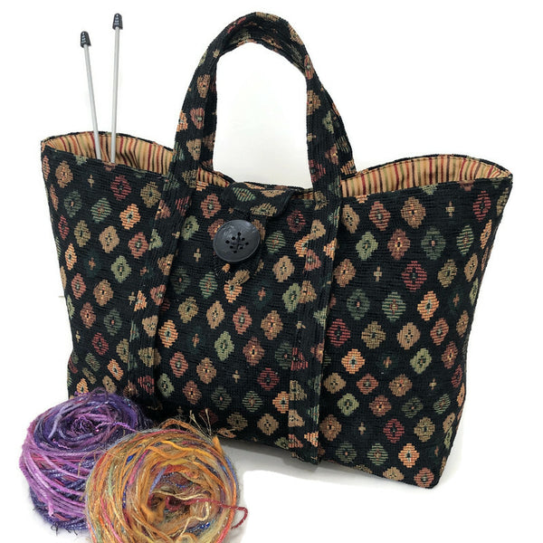 black upholstery knitting bag