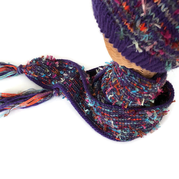 Hand Knit Scarf Purple & Flecks of Color