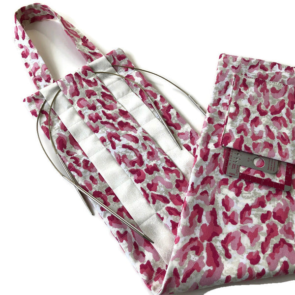 Hanging Circular Needle Organizer Pink and White Faux Animal Print