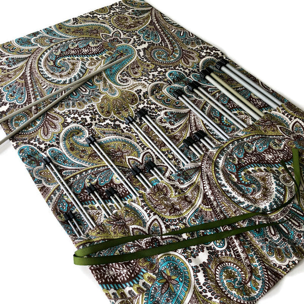 15 Pocket Straight  Needle Roll Up Green Paisley
