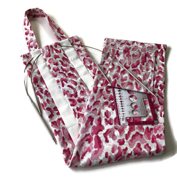 Hanging Circular Needle Organizer Pink and White Faux Animal Print