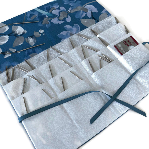 Circular Needle Case Blue & Gray Floral