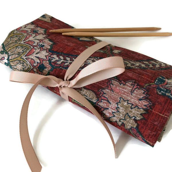 Double Point Needle Six OR Twelve Pocket Roll Up Rust Floral