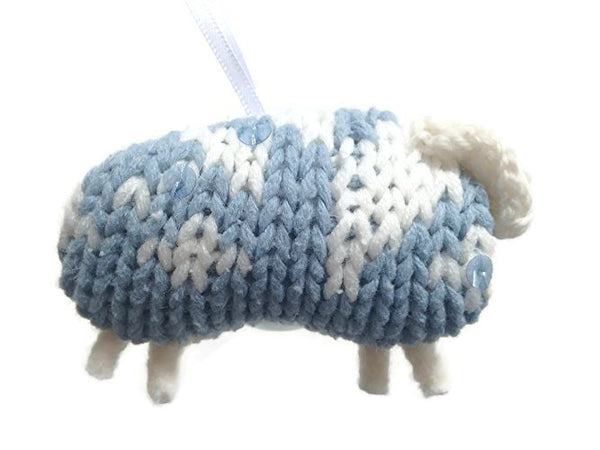 Up Cycled Blue & White Sheep Ornament - Buttermilk Cottage