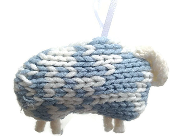 Up Cycled Blue & White Sheep Ornament - Buttermilk Cottage