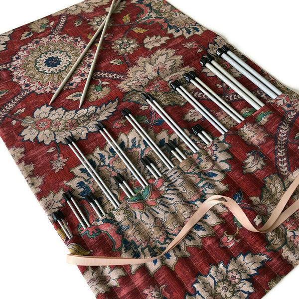 15 Pocket Straight  Needle Roll Up Rust Beige Floral