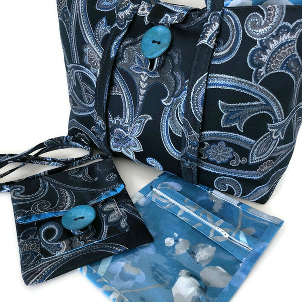Large Knitting Bag Blue Embroidered