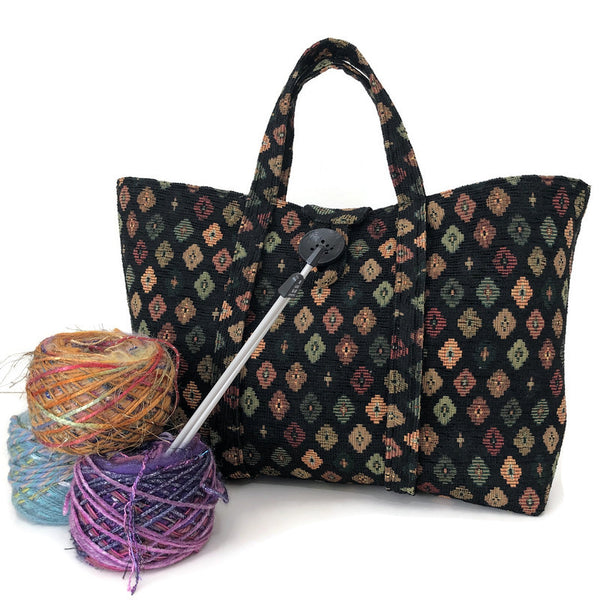 black upholstery knitting bag