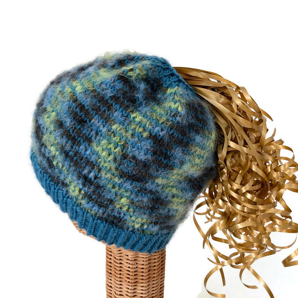 Ponytail Hat Fuzzy Blue and Green