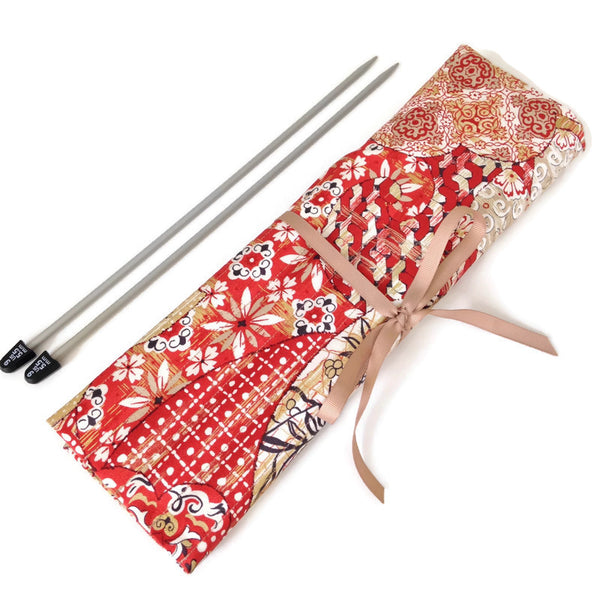 15 Pocket Straight  Needle Roll Up Red Oriental Motif