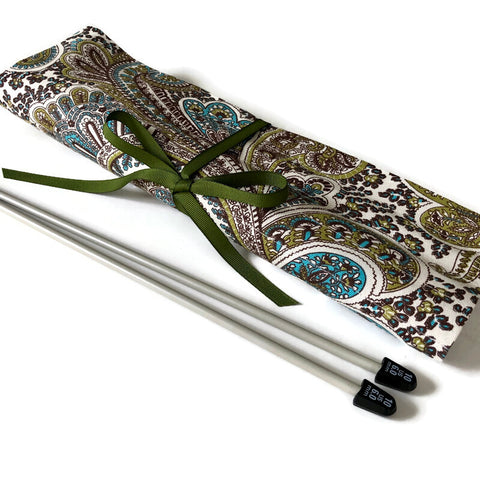 15 Pocket Straight  Needle Roll Up Green Paisley