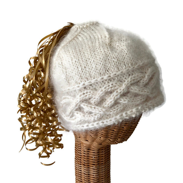 Ponytail cabled hand knit hat